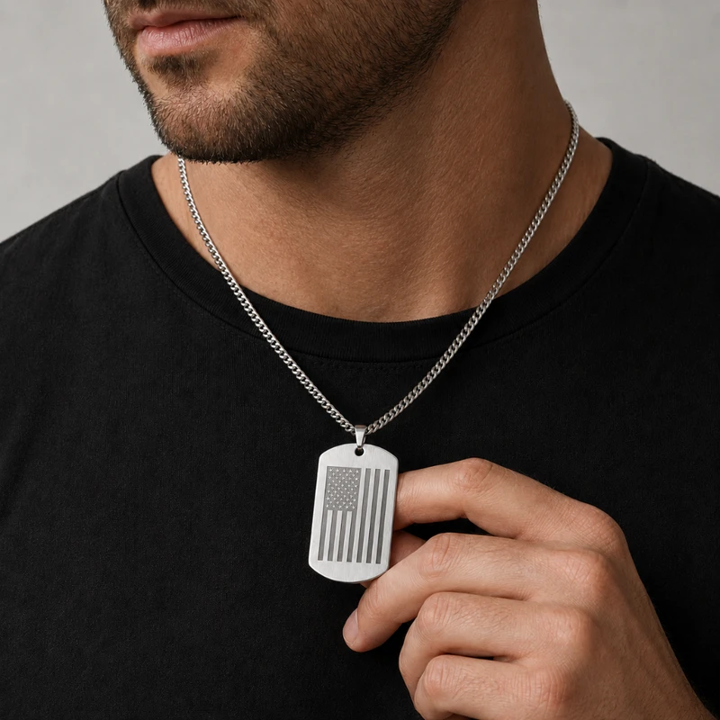 Men's USA Flag Military Tag Necklace – Personalized Back Engraving