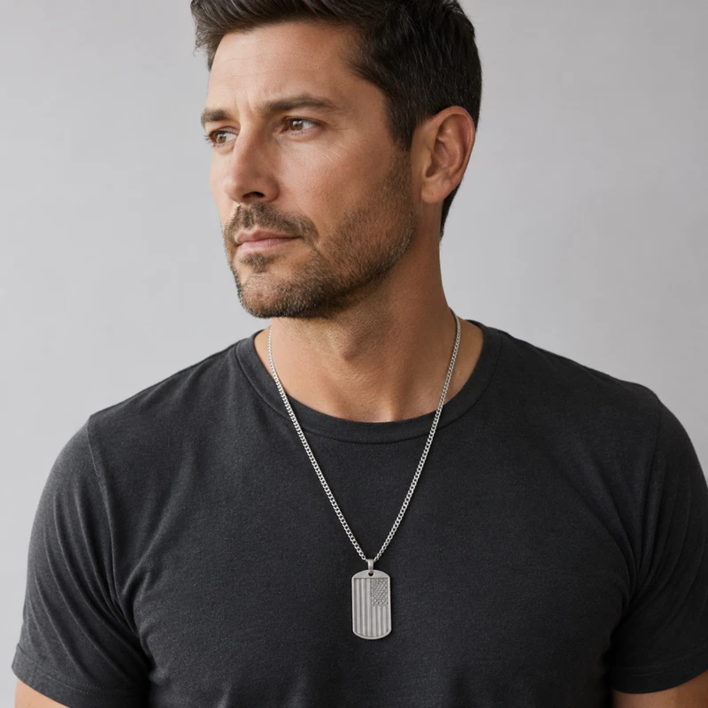 Men's USA Flag Military Tag Necklace – Personalized Back Engraving