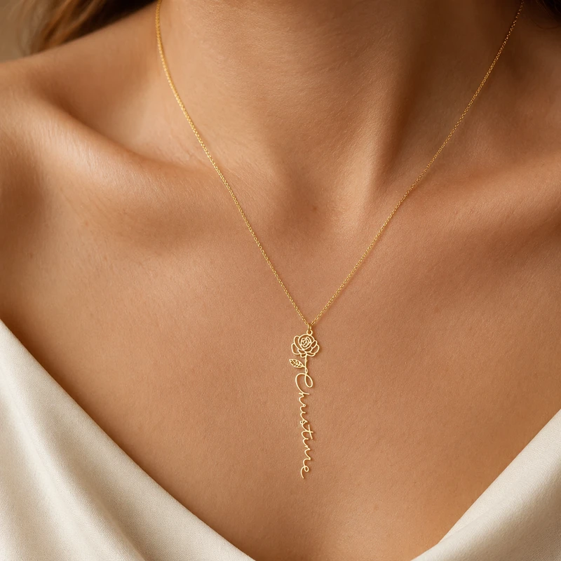 Personalized Birth Flower Name Necklace