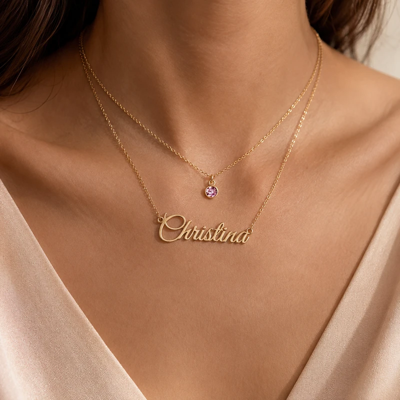 Collana personalizzata a strati con nome e pietra portafortuna detail image 1