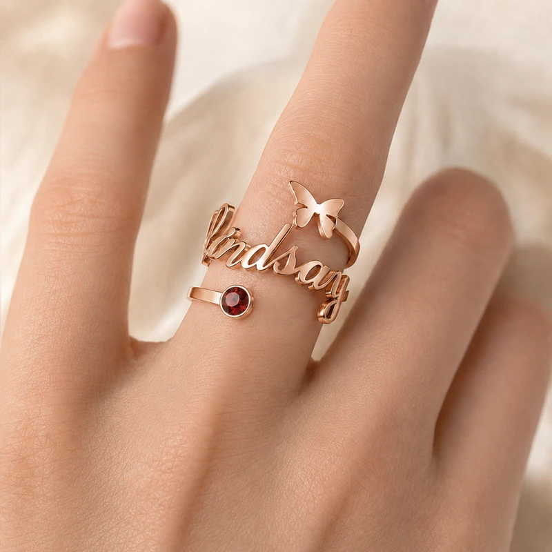 Personalisierter Schmetterlingsring mit Geburtsstein und Namen image 2