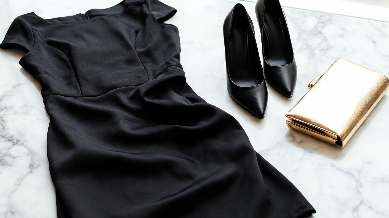 Alvin's Club — a classic black dress laid flat next to a pair of elegant black high-heeled shoes and a gold clutch on a white marble surface