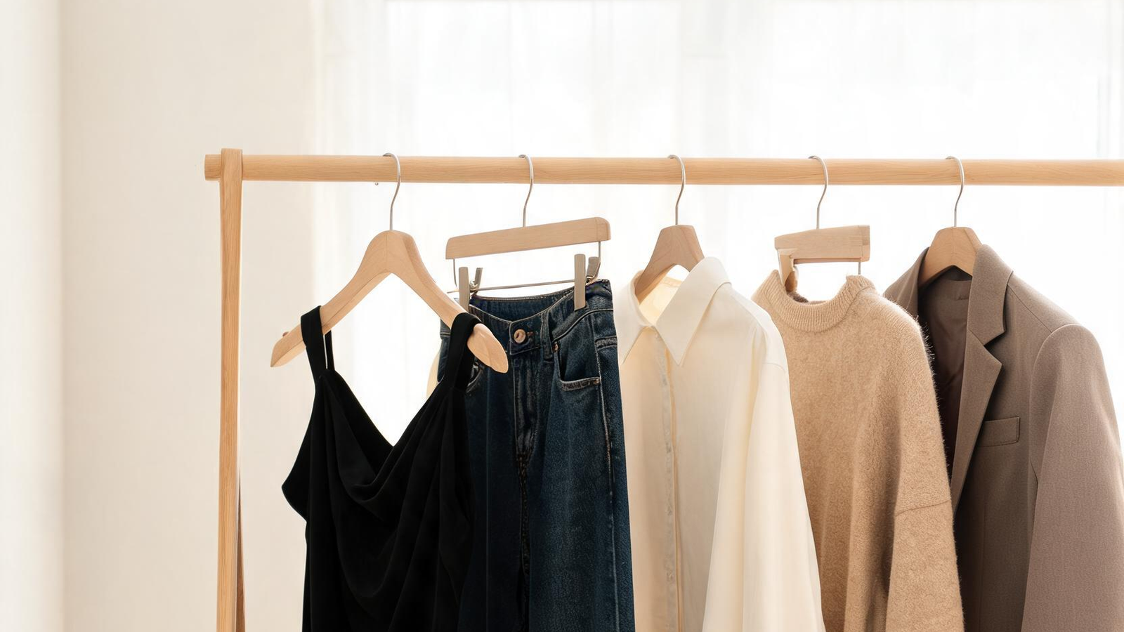 Alvin's Club — A minimalist wooden clothing rack holding a curated selection of neutral-colored garments, a pair of dark denim jeans, and a classic black dress on wooden hangers.