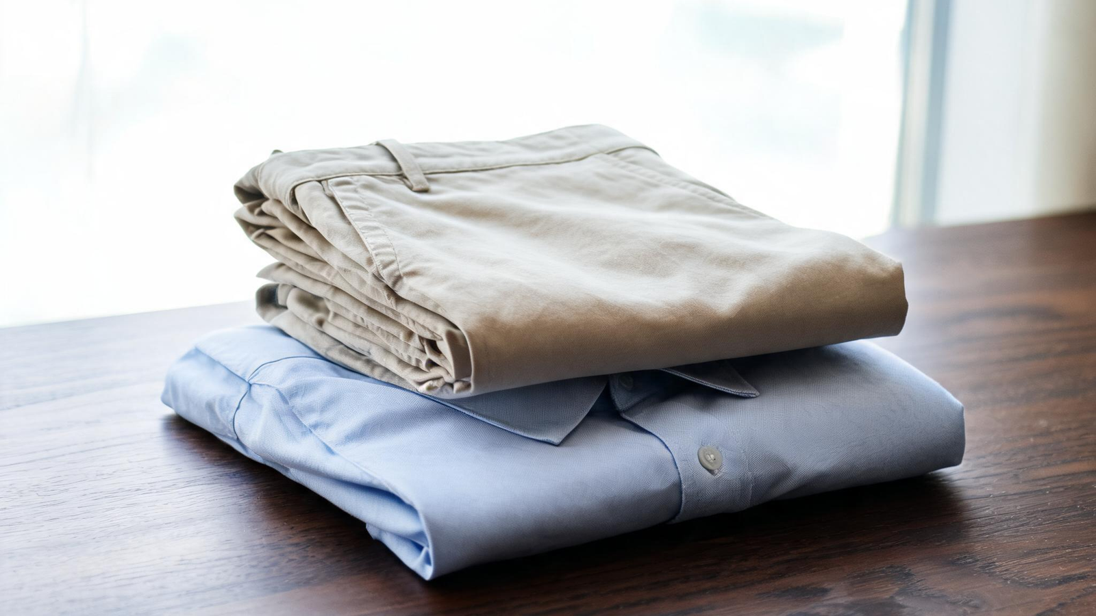 Alvin's Club — a neatly folded stack of beige chino trousers and a light blue button-down shirt resting on a dark walnut wooden table
