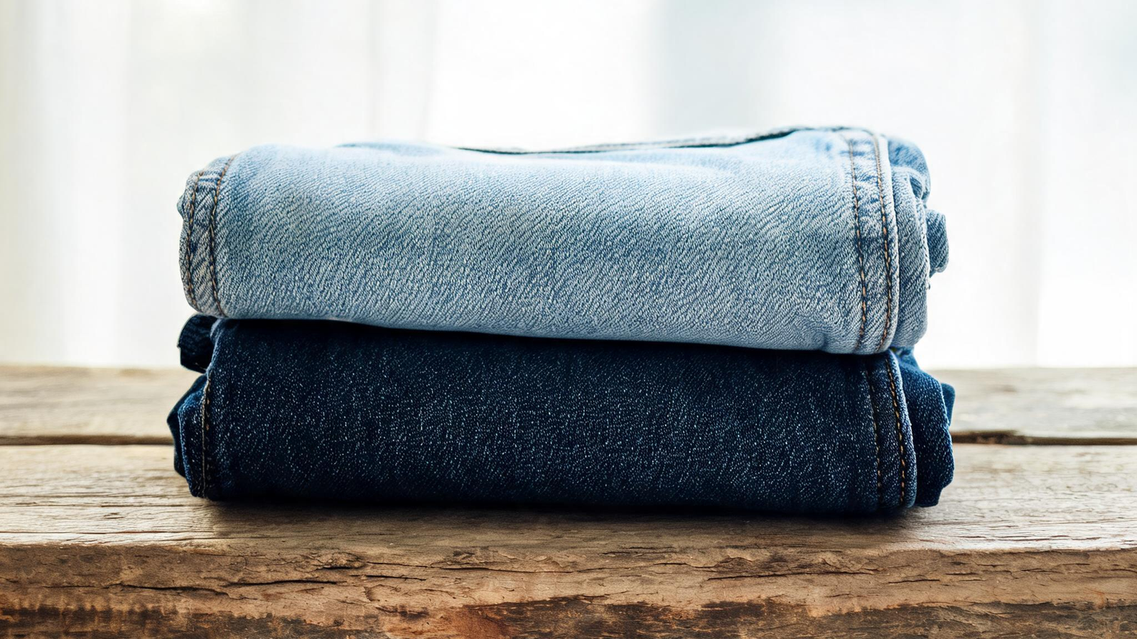 Alvin's Club — a neatly folded stack of dark indigo and light wash denim jeans on a rustic wooden shelf