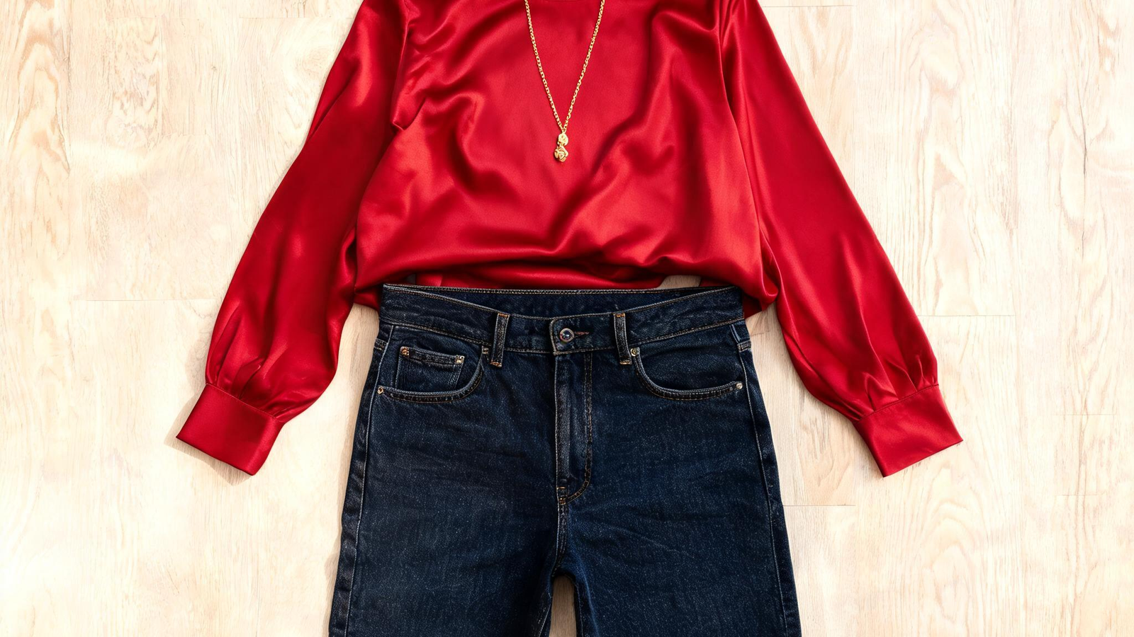 Alvin's Club — a neatly arranged flat lay of a red silk blouse, dark denim jeans, and a gold necklace on a light wooden background