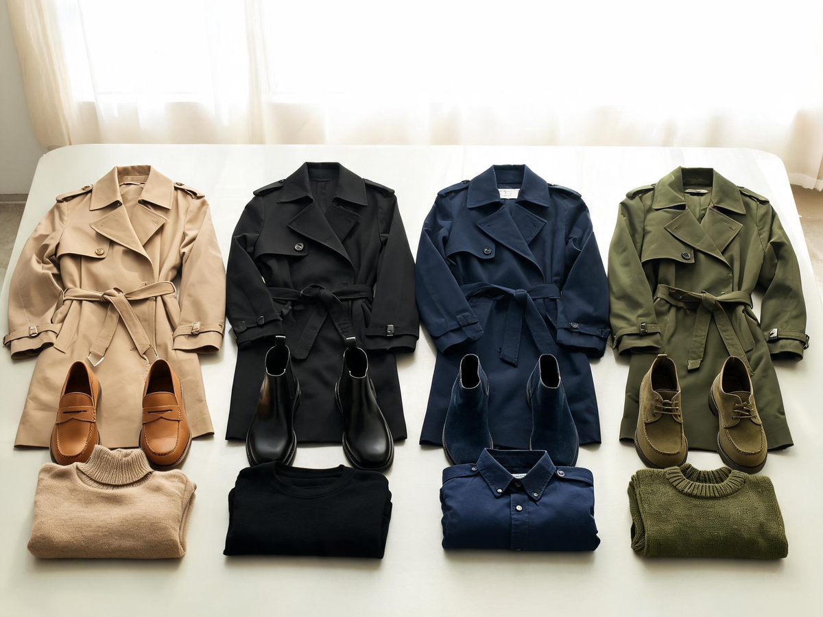 Alvin's Club — a flat arrangement of belted trench coats in khaki, black, navy, and olive with coordinated shoes and folded garments