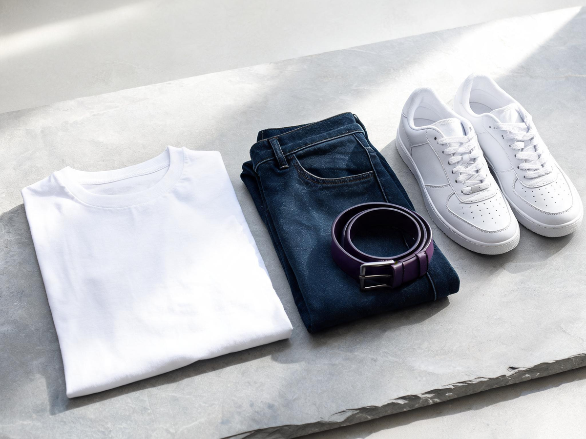 Alvin's Club — A flat lay arrangement of a white cotton t-shirt, a pair of folded blue denim trousers, a leather belt, and a pair of clean white sneakers on a light gray stone surface.