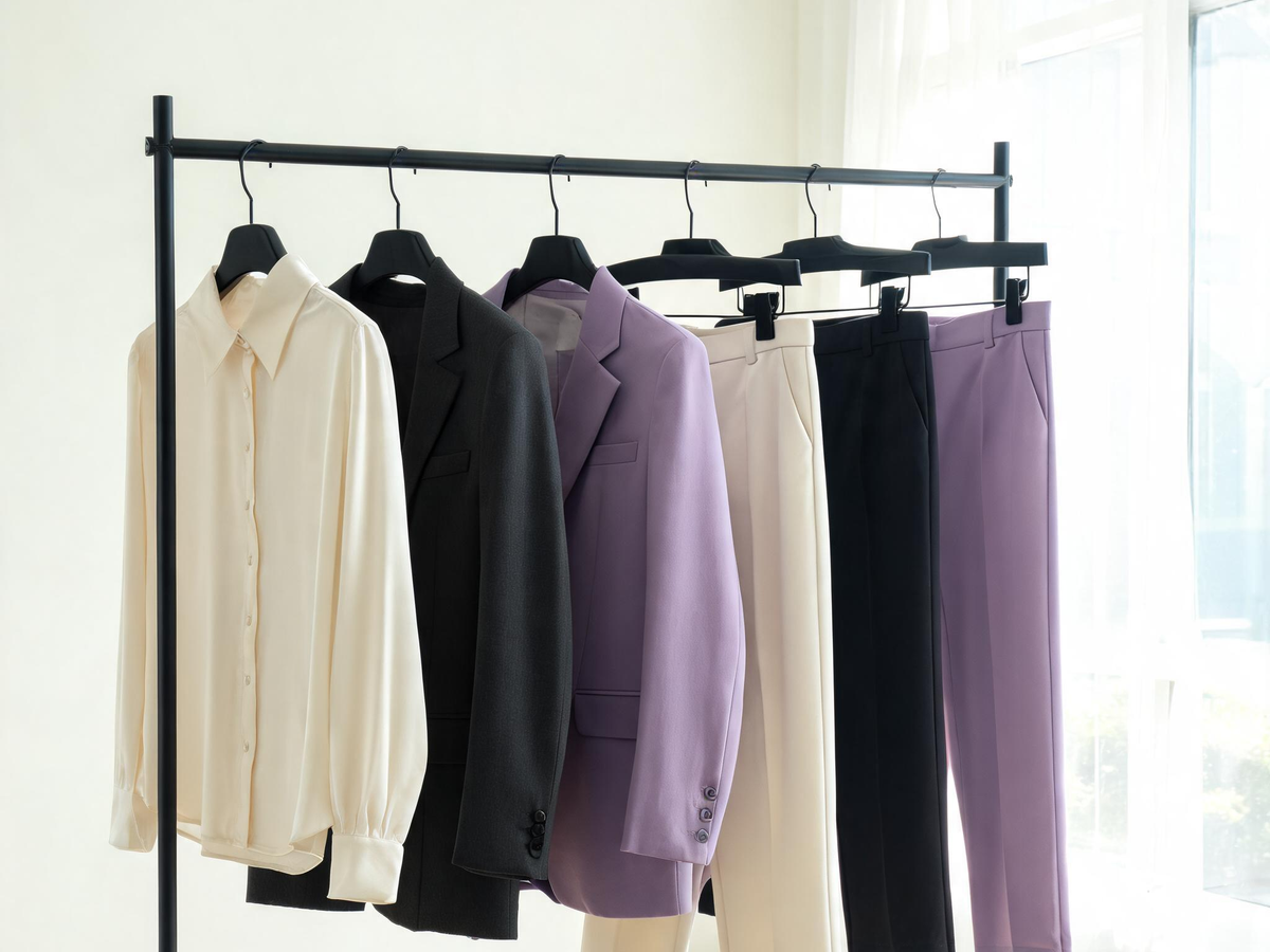 Alvin's Club — a minimalist clothing rack holding a curated selection of neutral-colored blouses, structured blazers, and tailored trousers in an airy room
