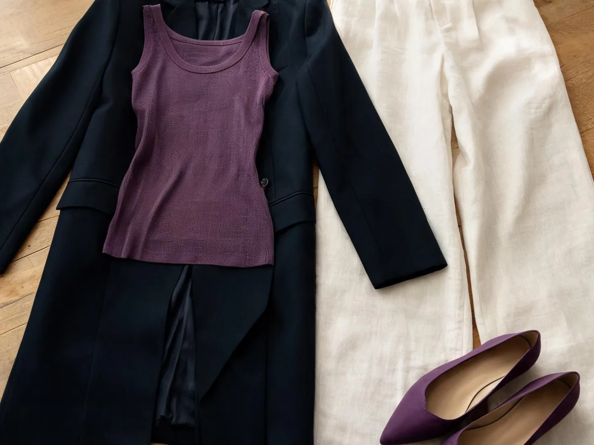 Alvin's Club — a flat lay of wide-leg linen trousers, a fitted knit tank, a longline blazer, and coordinated pointed shoes on a wood surface