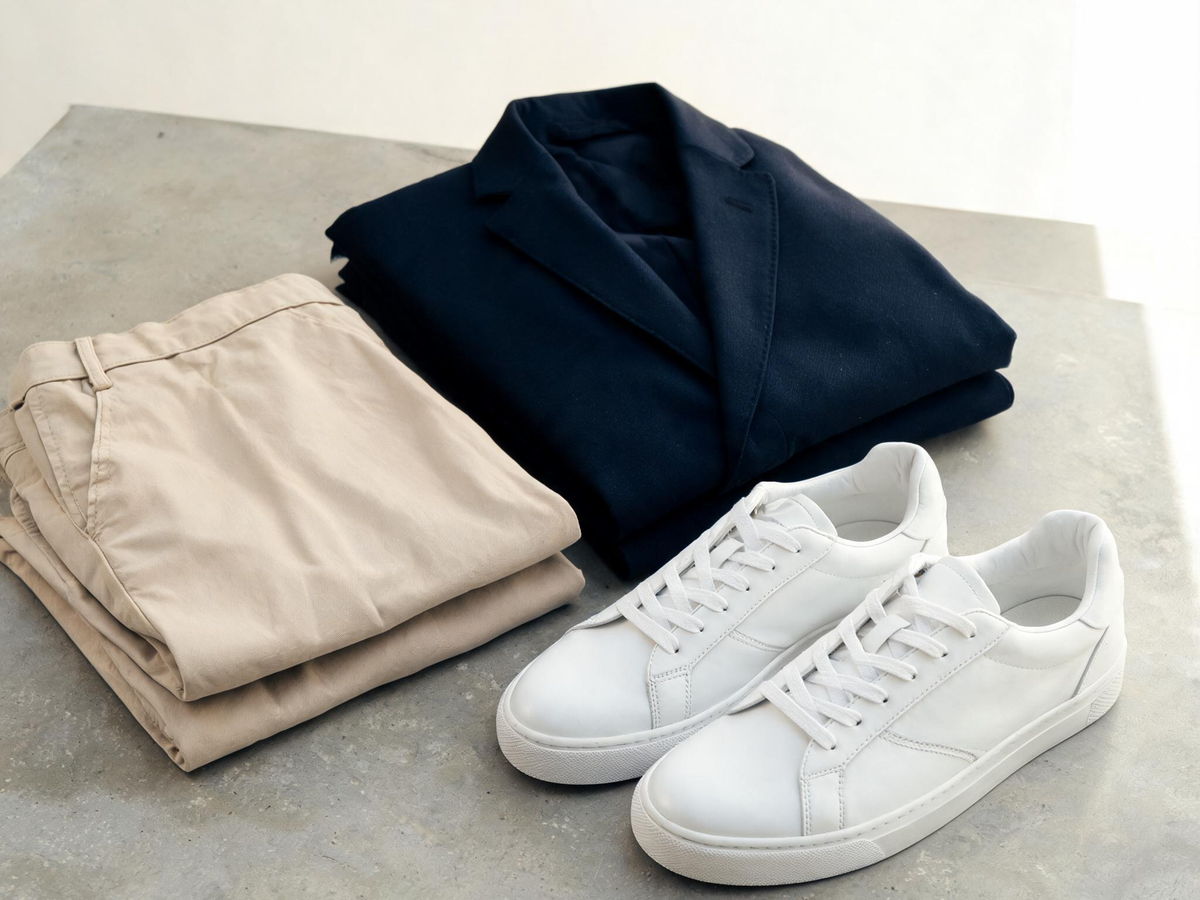 Alvin's Club — a pair of clean white leather sneakers next to a folded navy blue blazer and beige chinos on a minimalist concrete surface