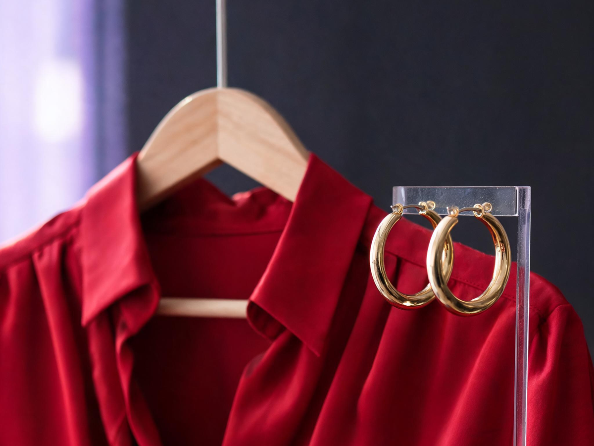 Alvin's Club — a vibrant red silk blouse draped neatly over a wooden hanger next to a pair of gold hoop earrings on a minimalist background