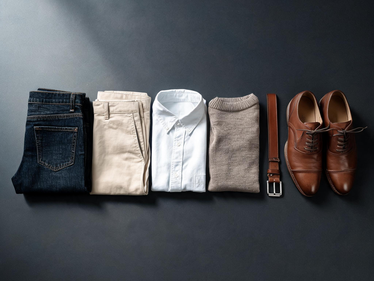 Alvin's Club — dark denim, beige chinos, leather shoes, folded knitwear, an Oxford shirt, and a brown belt in an orderly flat lay