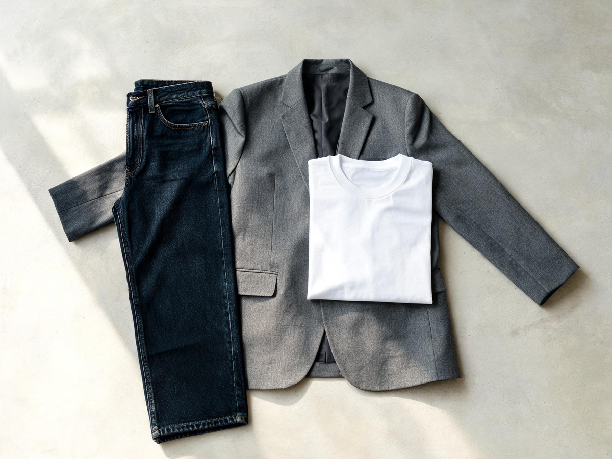 Alvin's Club — a neatly arranged flat lay of a grey casual blazer, a plain white cotton t-shirt, and dark denim jeans on a light concrete surface