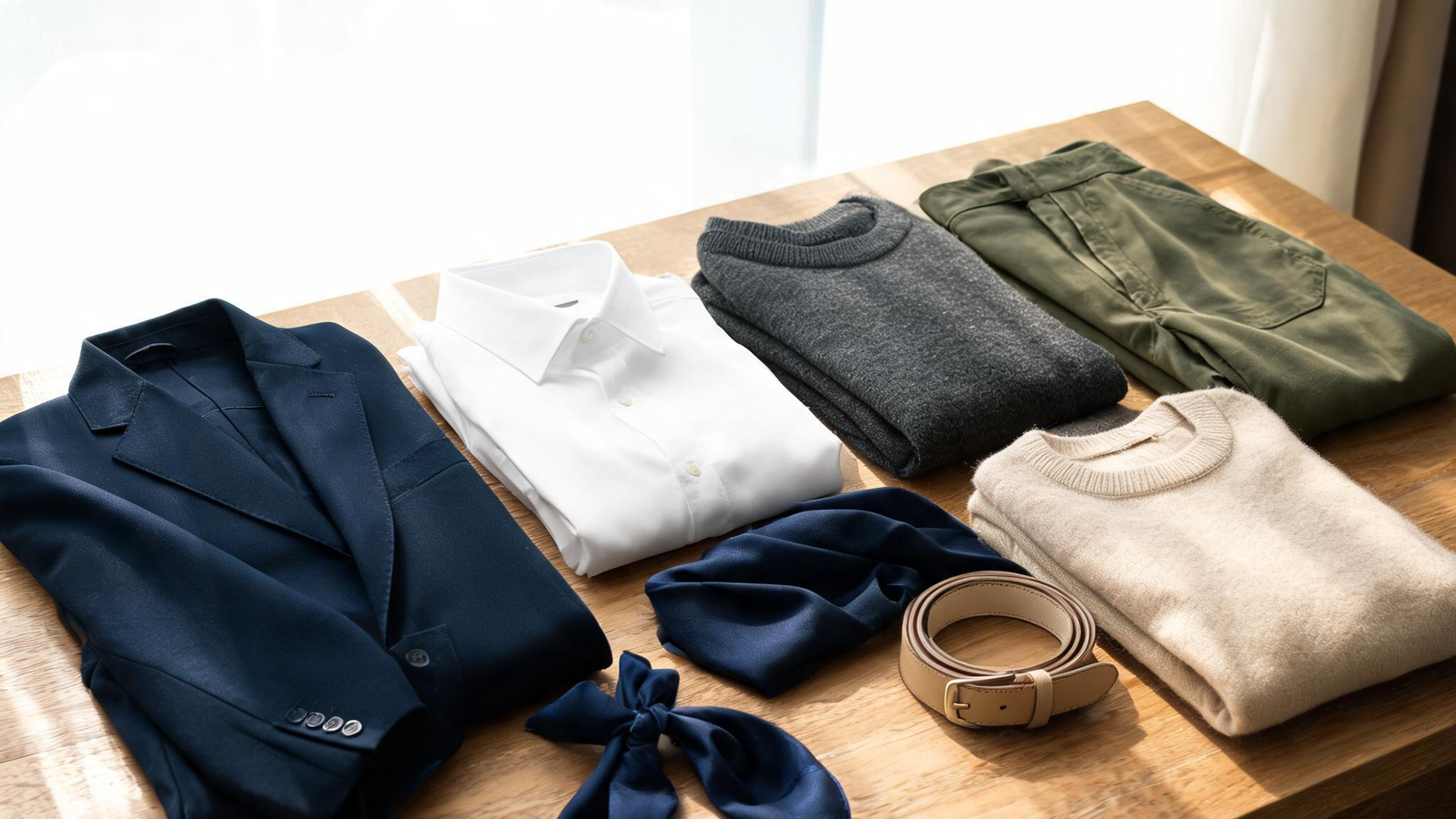 Alvin's Club — a coordinated capsule wardrobe of navy, charcoal, white, olive, and beige garments on a warm wood surface