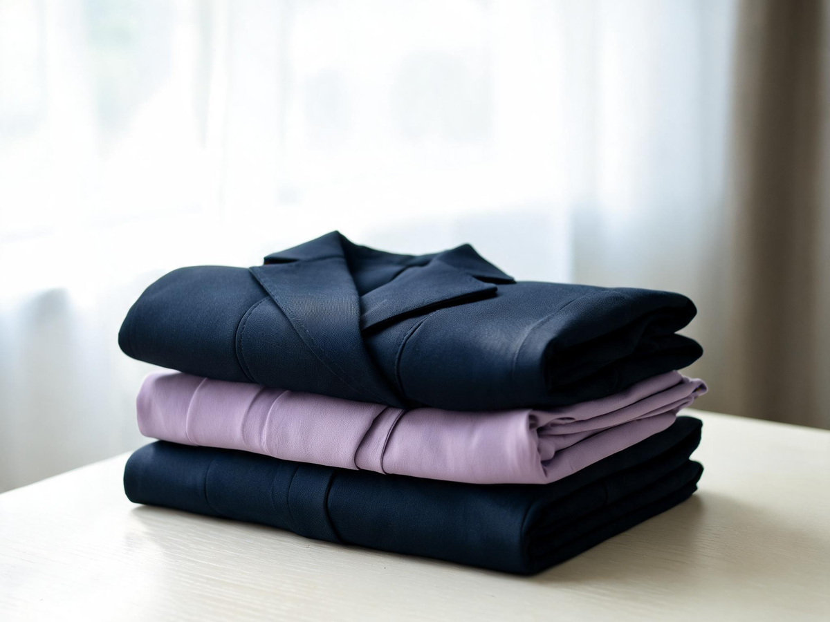 Alvin's Club — a curated stack of folded trousers, blouses, and a blazer in muted tones