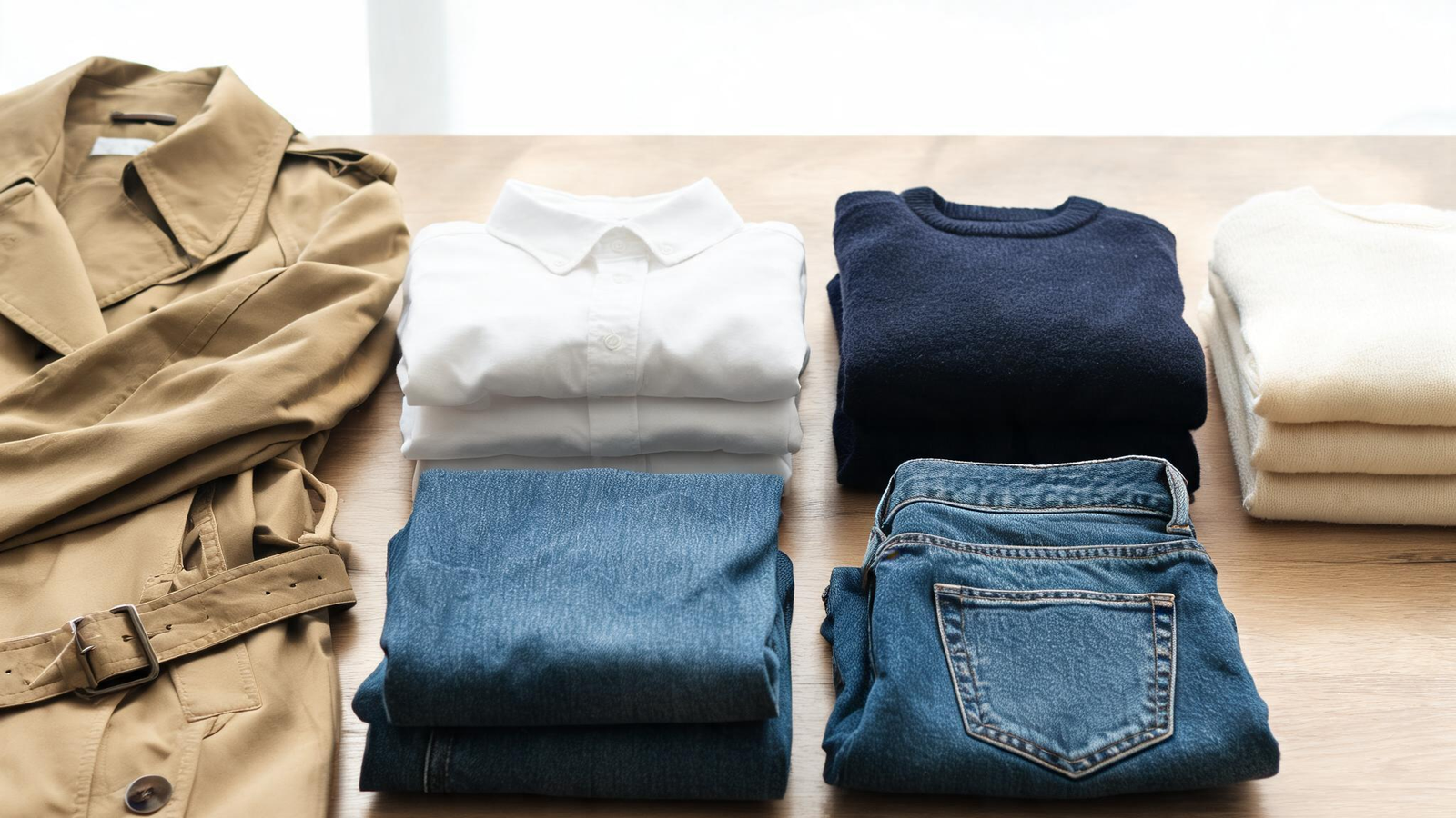 Alvin's Club — a khaki trench coat beside folded white, navy, denim, and cream wardrobe staples on a pale wood surface