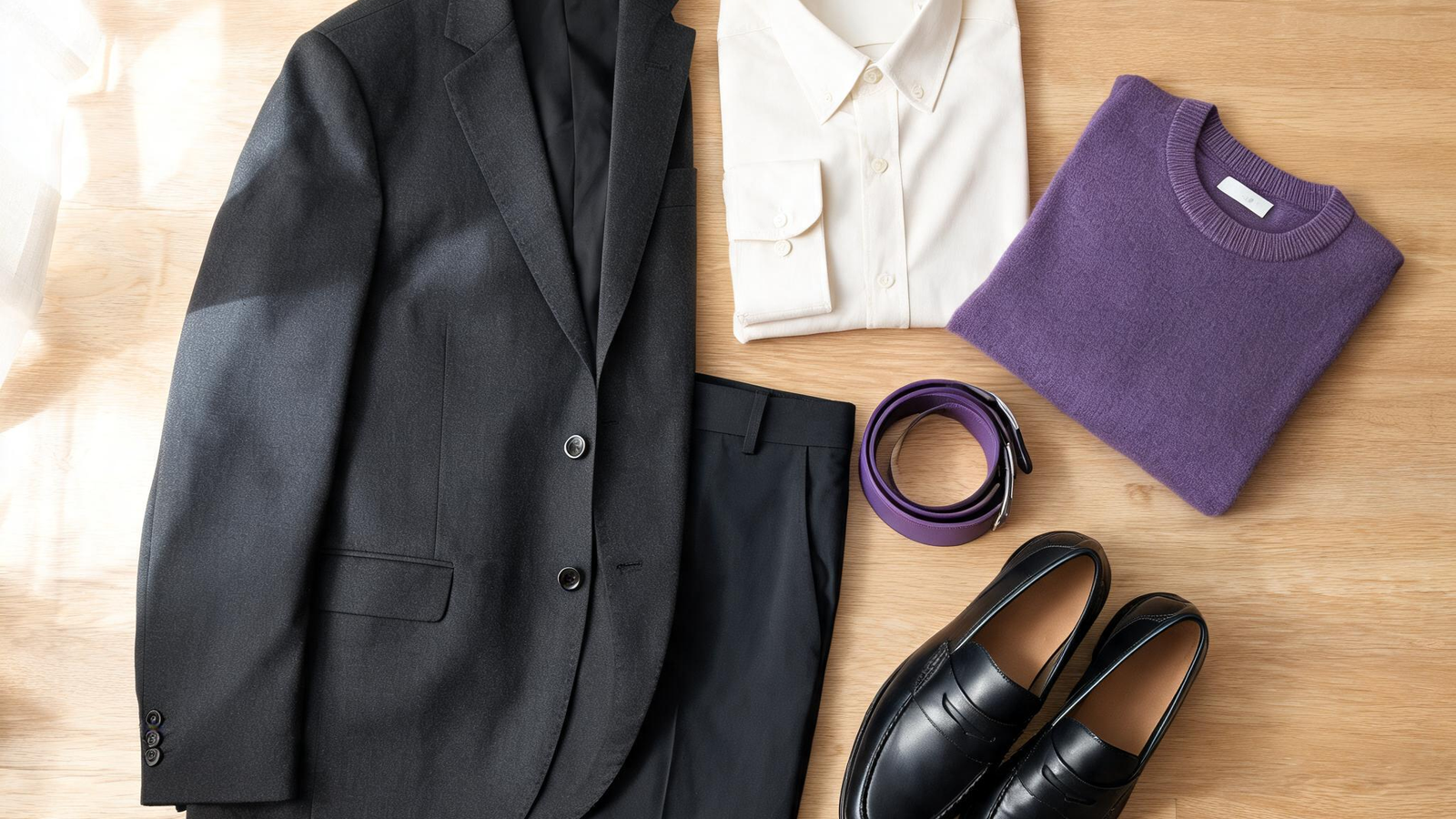 Alvin's Club — a neatly arranged flat lay of neutral workwear staples on a light wood surface