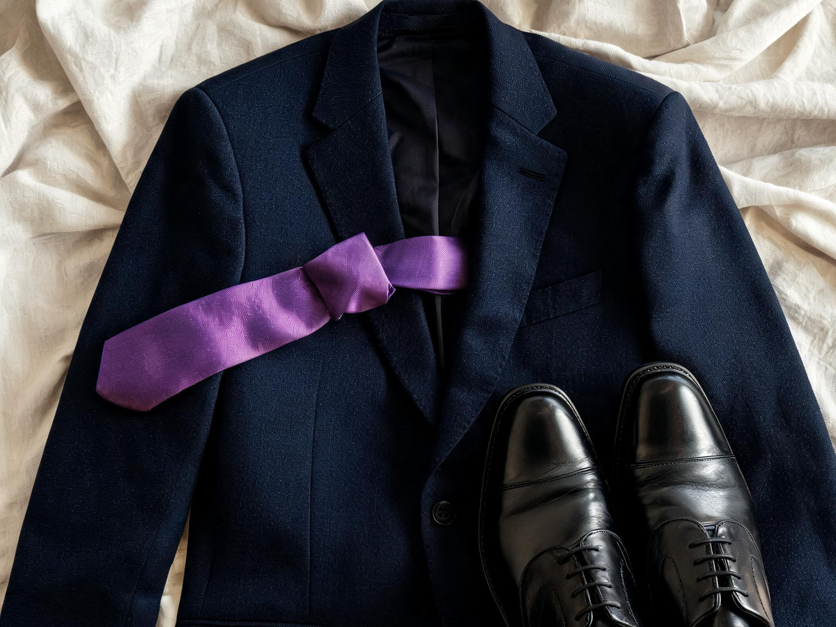 Alvin's Club — a neatly pressed navy blue suit jacket, a silk tie, and leather dress shoes resting on a neutral fabric background