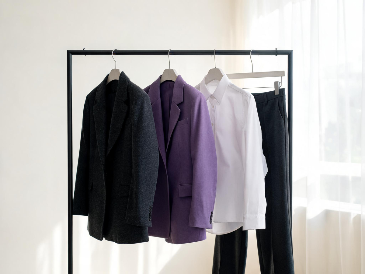 Alvin's Club — a minimalist wardrobe rack holding a curated selection of neutral-colored blazers, white shirts, and structured trousers