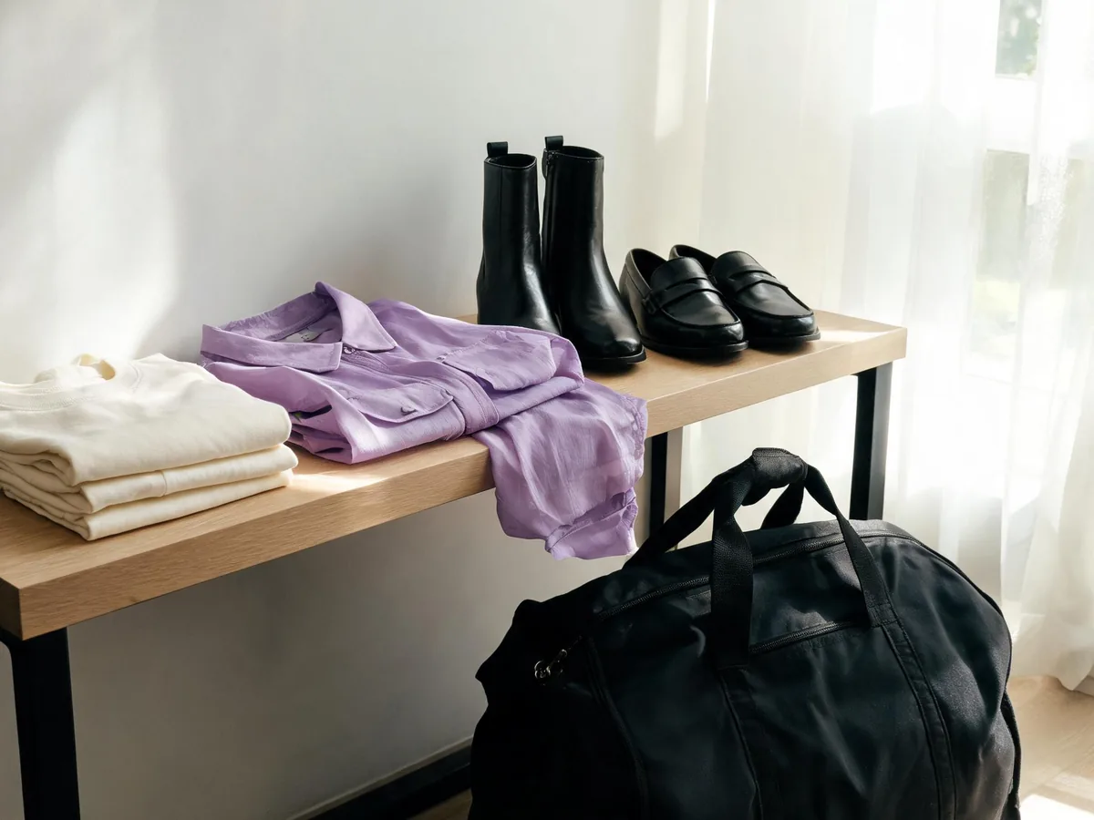 Alvin's Club — a compact entryway arrangement with ankle boots, loafers, folded cotton clothing, and a lightweight sun-protective overshirt beside a travel bag