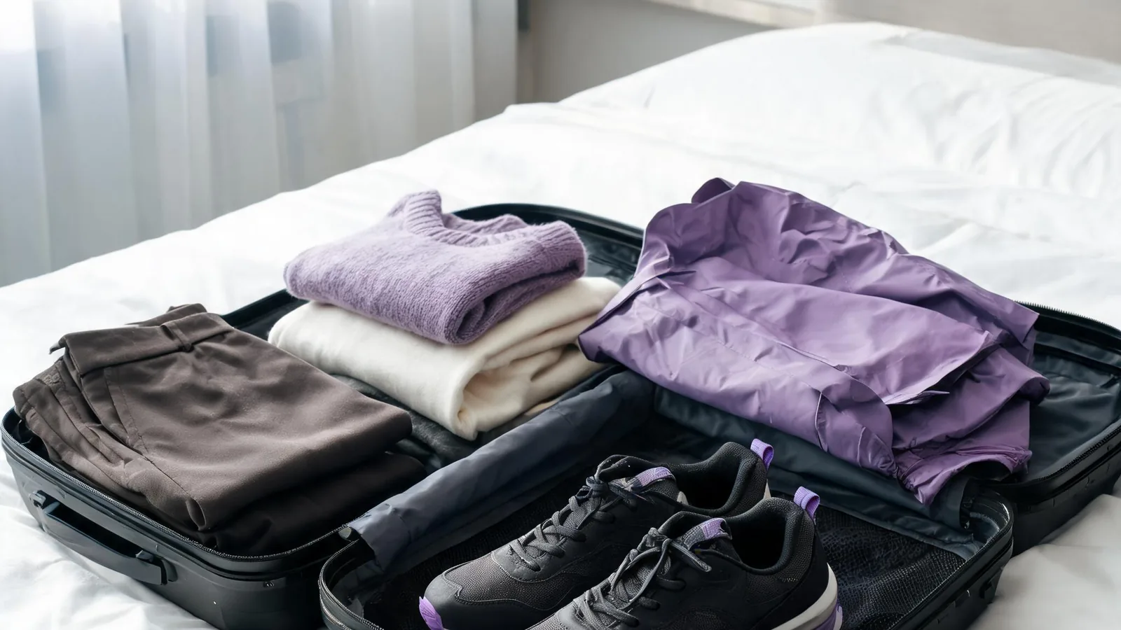 Alvin's Club — a neatly arranged open suitcase with neutral trousers, layered tops, a rain jacket, and walking sneakers on a hotel bed