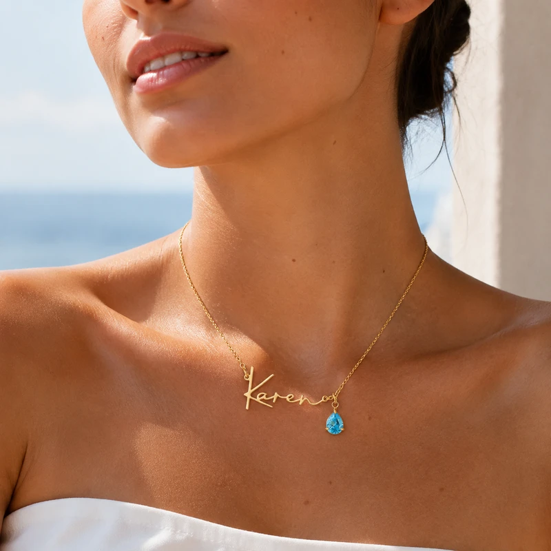 Personalized Name Birthstone Drop Necklace