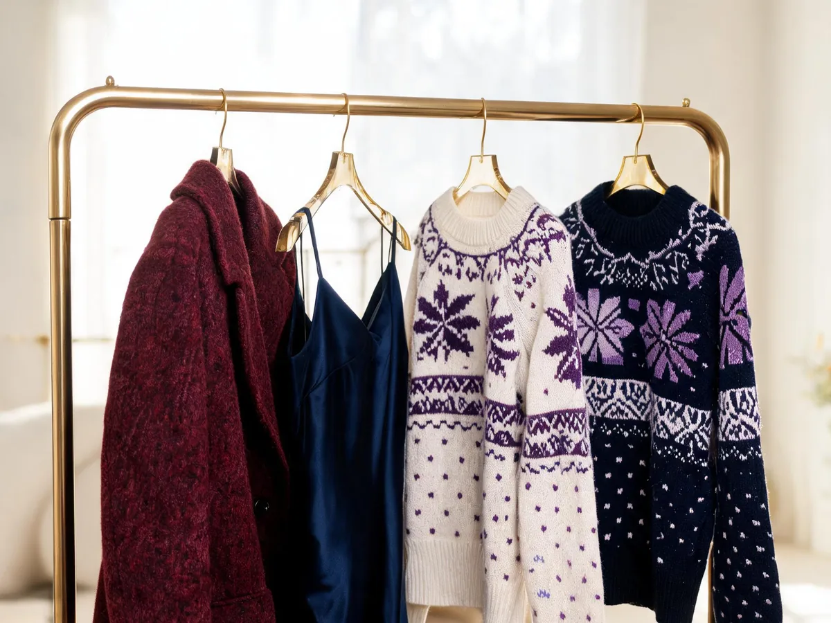 Alvin's Club — a festive wardrobe rail featuring a burgundy wool overcoat, a midnight blue cocktail dress, and patterned holiday knit sweaters on brass hangers