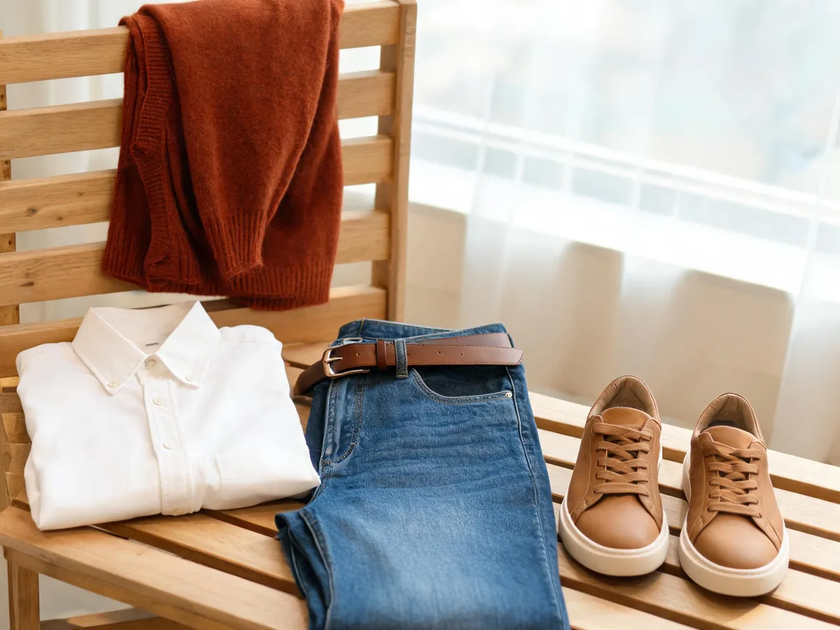 Alvin's Club — a white button-down shirt with straight-leg blue jeans, a brown belt, leather sneakers, and a rust cardigan arranged on a casual wooden bench