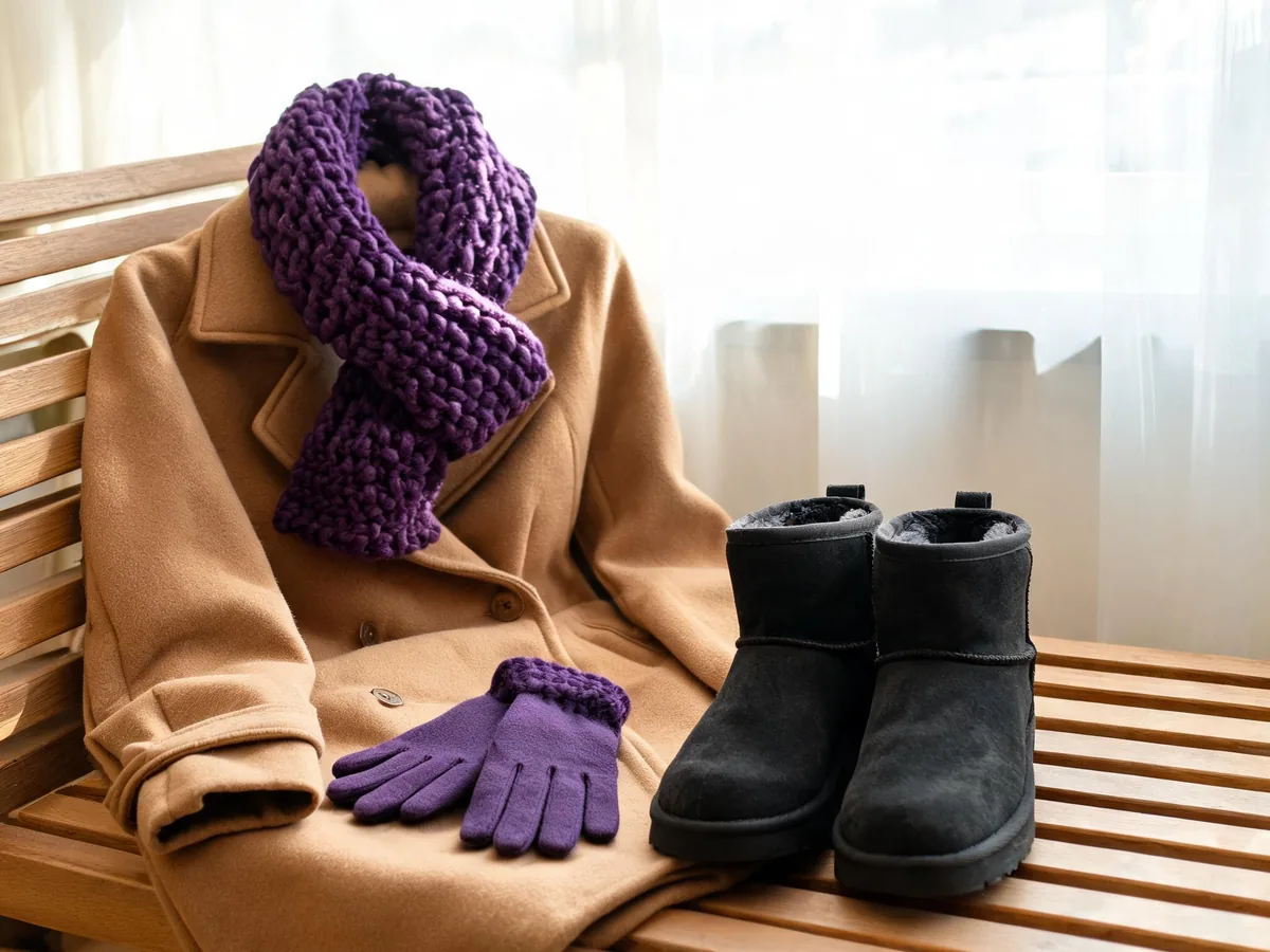 Alvin's Club — a chunky wool scarf looped over a camel coat beside gloves and winter boots on a wooden bench