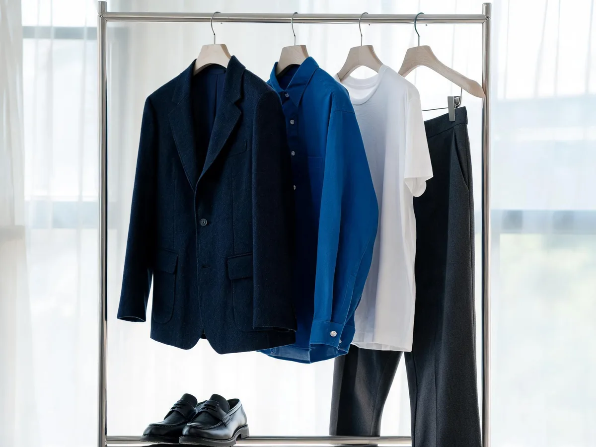 Alvin's Club — a tailored charcoal trouser outfit with a white T-shirt, navy blazer, leather loafers, and cobalt overshirt on a clothing rack