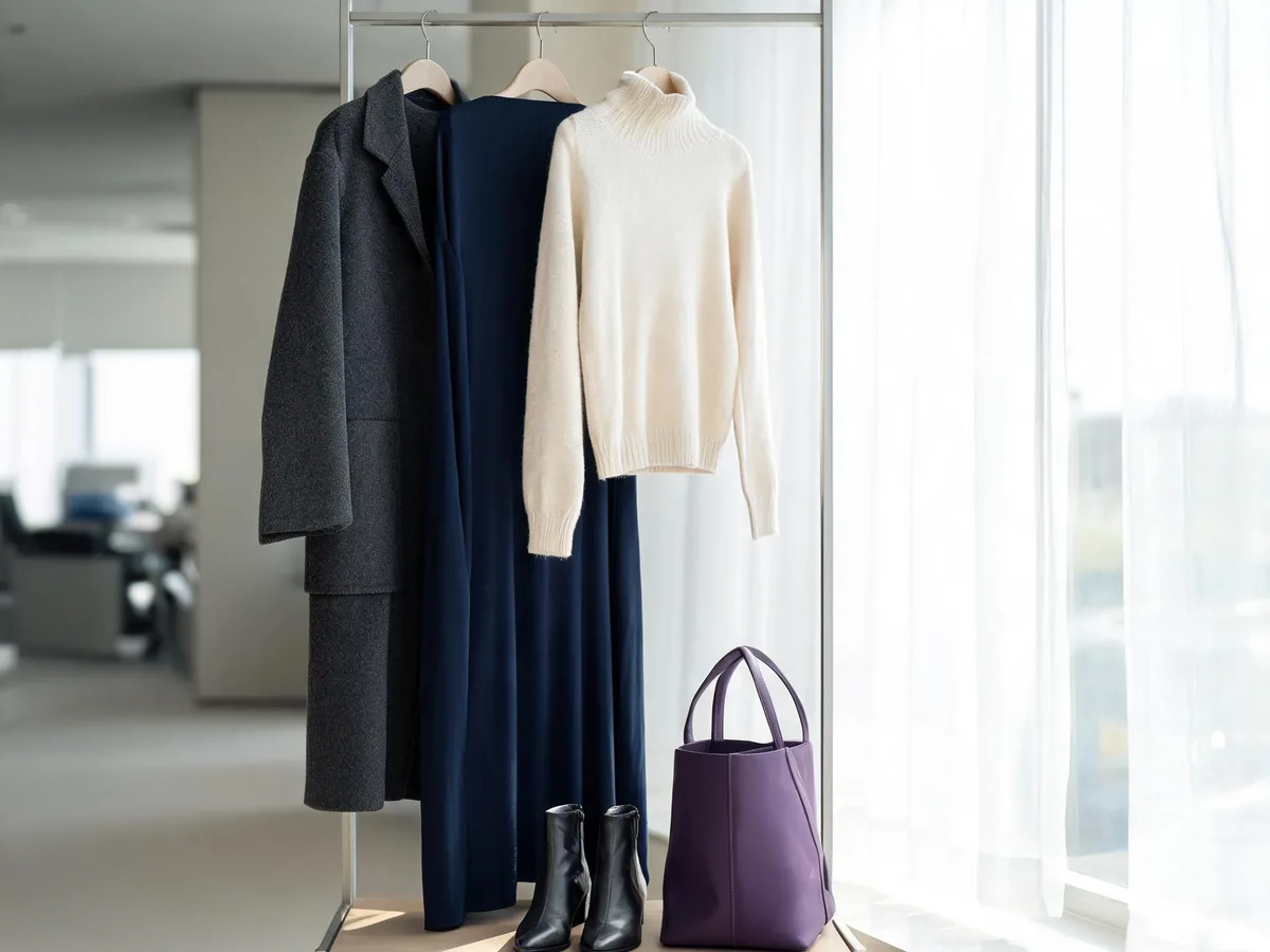 Alvin's Club — a navy maxi dress, cream turtleneck, charcoal coat, pointed boots, and structured tote arranged on a garment rack in an office entryway