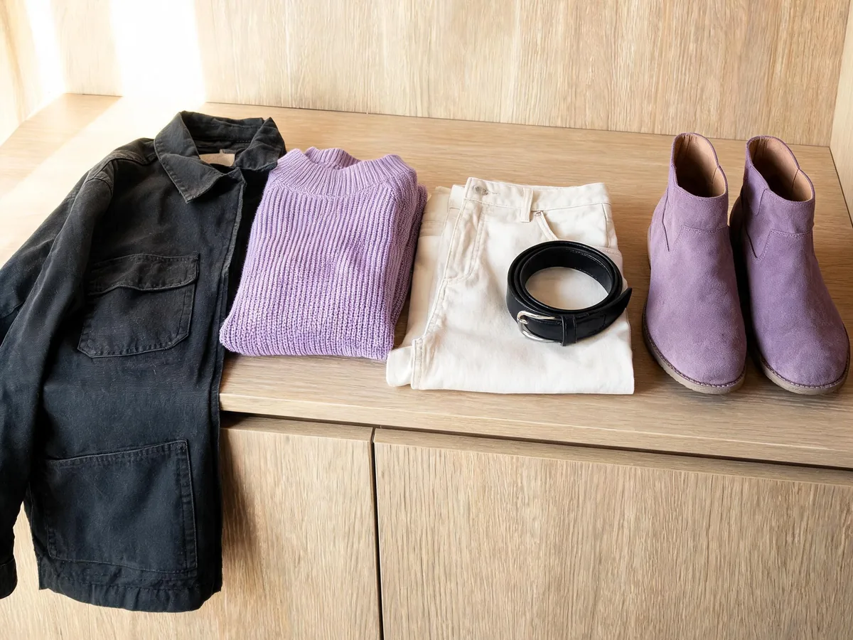 Alvin's Club — a flat lay of textured knitwear, straight-leg chinos, a chore jacket, leather belt, and suede boots on a wooden wardrobe surface