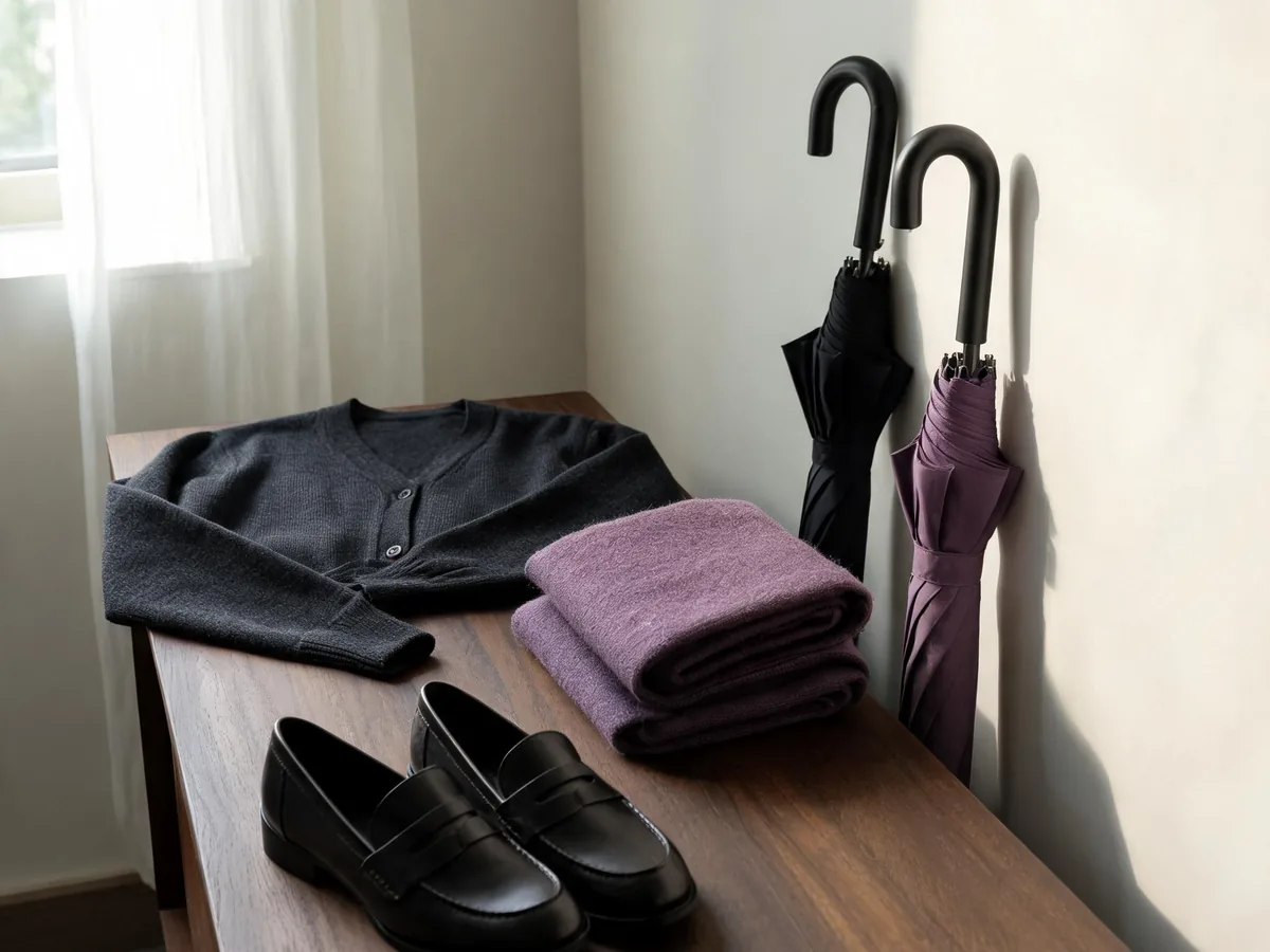 Alvin's Club — a quiet indoor entryway with muted umbrellas, a dark cardigan, closed-toe shoes, and a folded conservative scarf