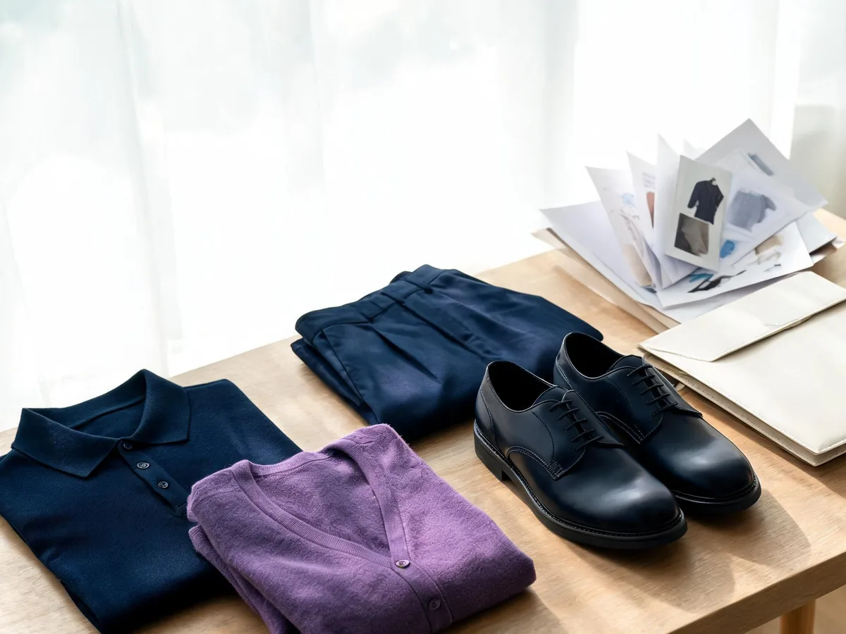 Alvin's Club — a polo shirt, chinos, cardigan, tailored trousers, closed-toe shoes, and portfolio samples arranged on a wooden table