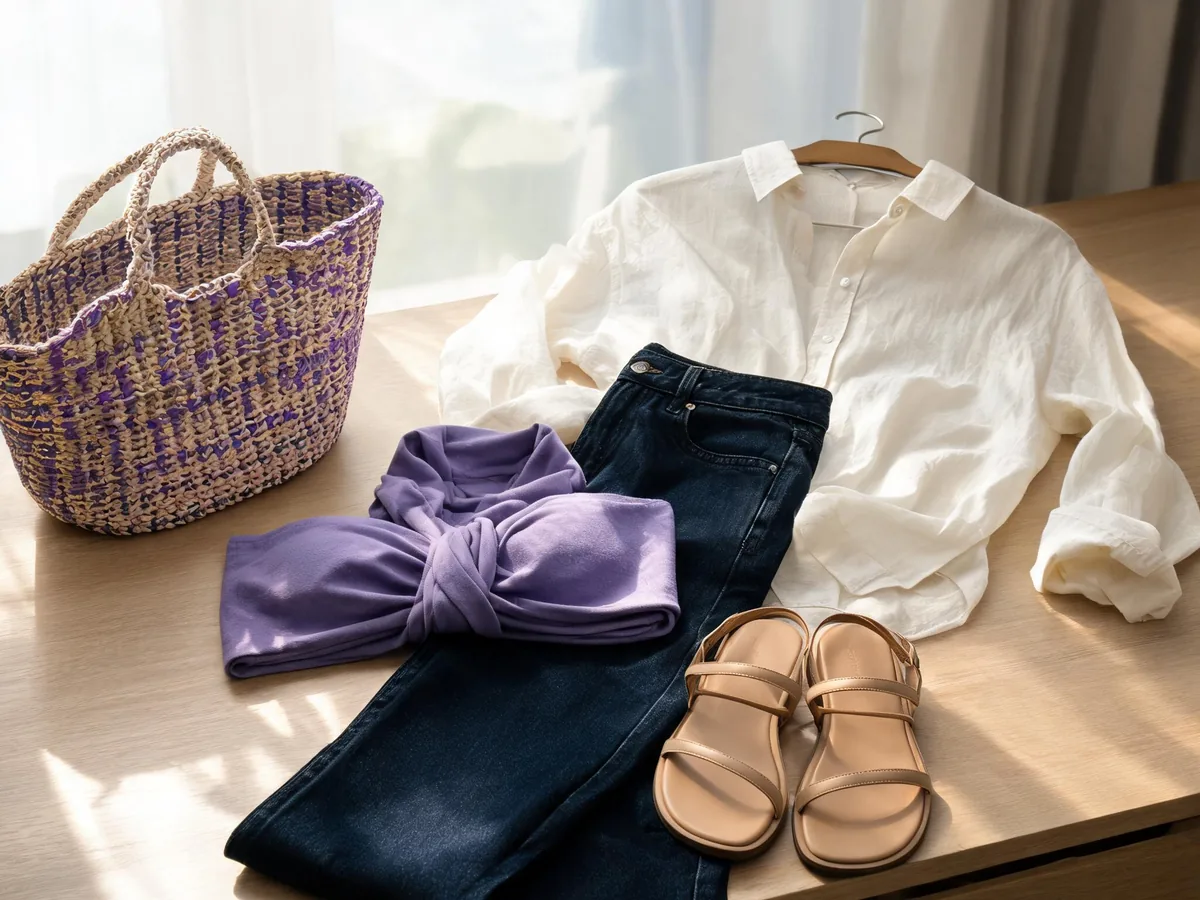 Alvin's Club — a cotton scarf folded into a bandeau top with straight-leg denim, flat sandals, an open linen shirt, and a woven tote on a sunlit dressing table