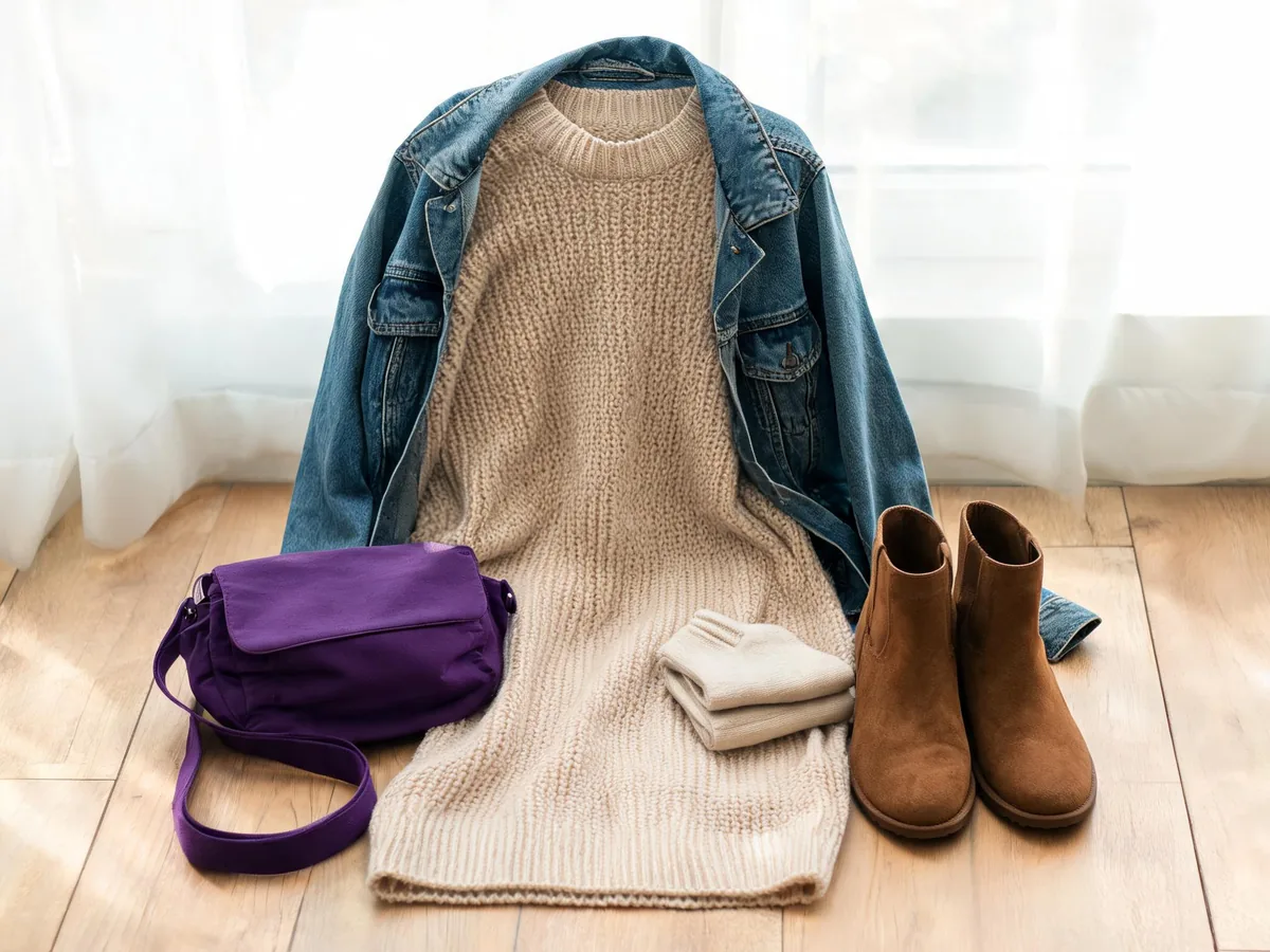 Alvin's Club — an oat oversized sweater dress with brown suede ankle boots, a denim jacket, a crossbody bag, and folded wool socks on a wooden floor