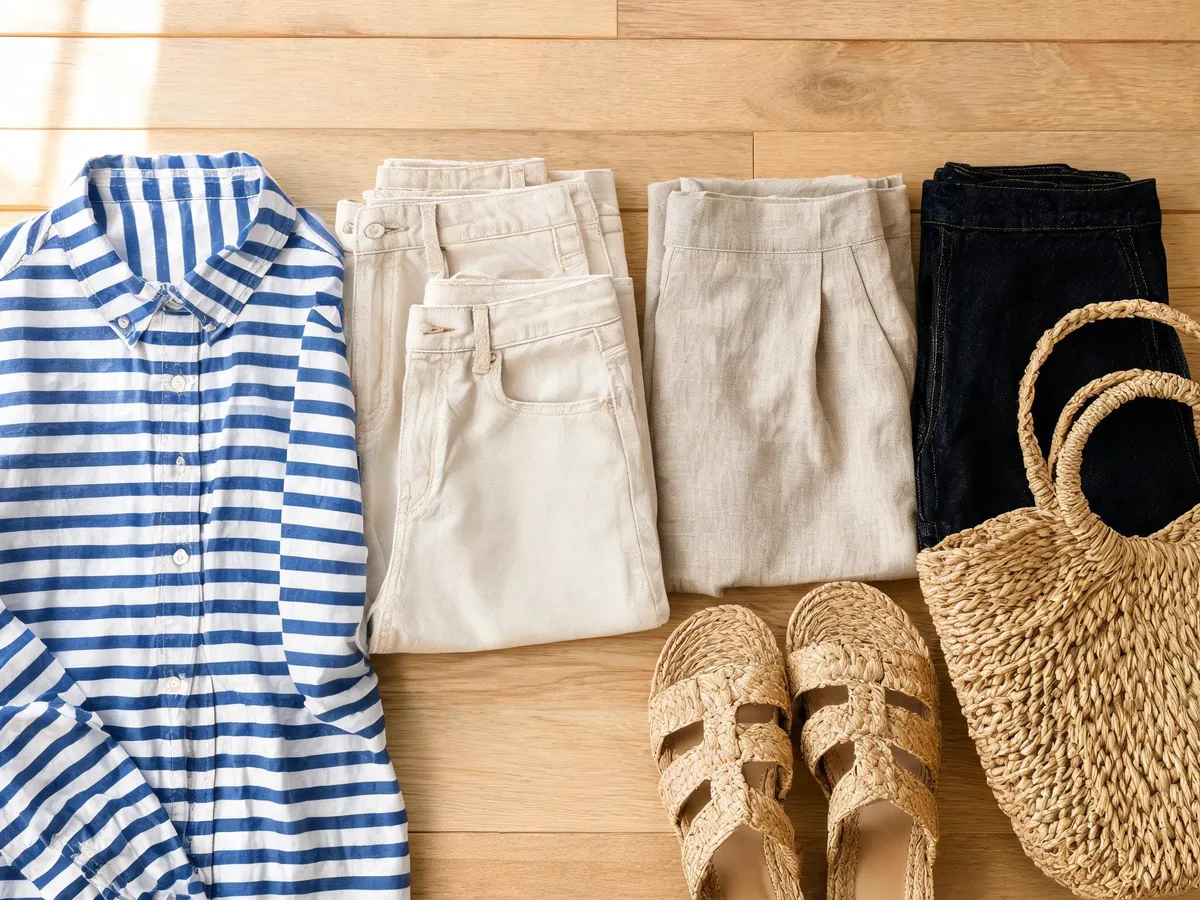 Alvin's Club — a flat lay of a blue and white striped shirt, ecru jeans, stone linen shorts, woven sandals, a raffia tote, and a dark denim skirt on a light wood surface