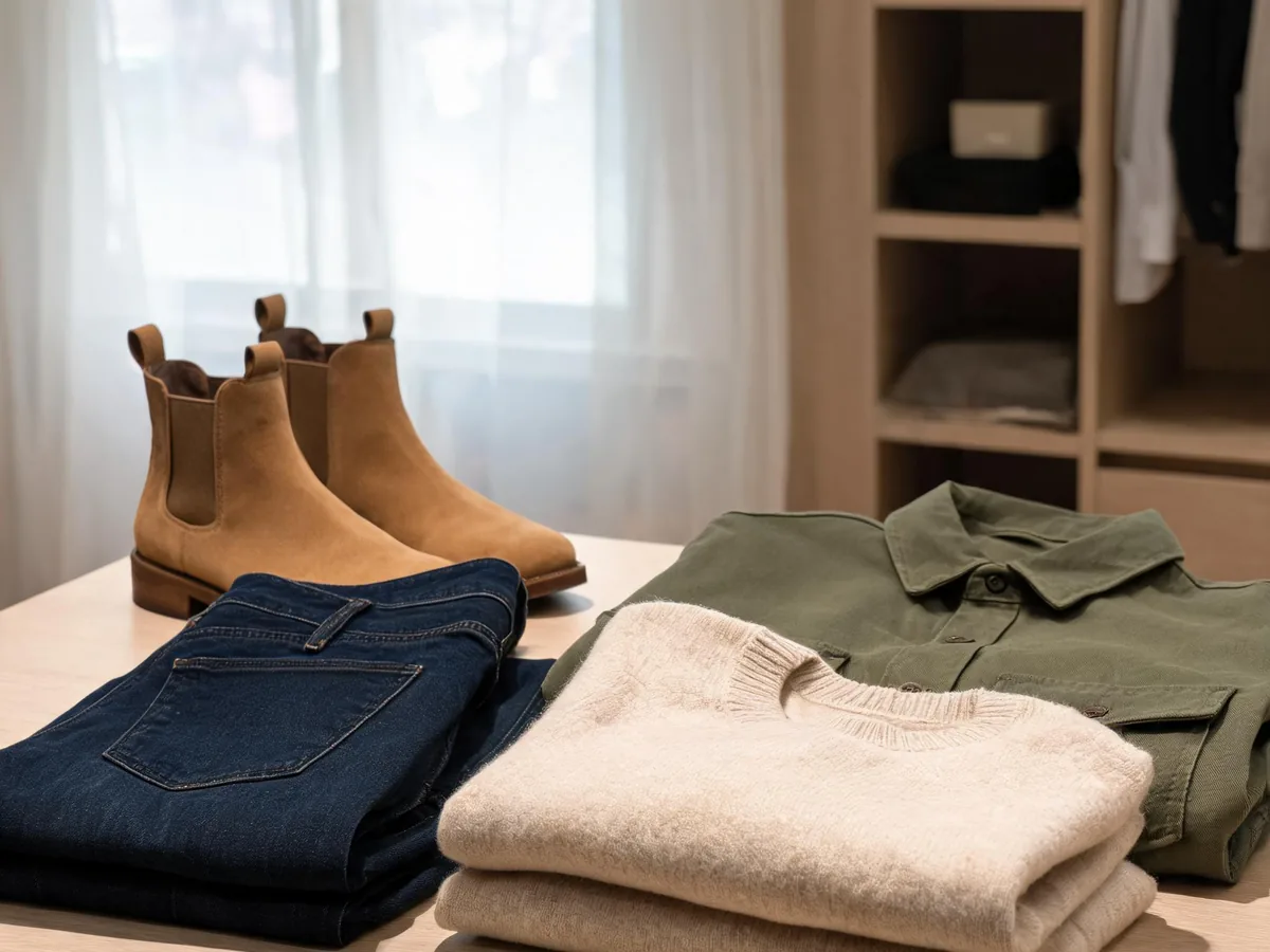 Alvin's Club — tan suede Chelsea boots beside dark blue skinny jeans, an oatmeal sweater, and an olive overshirt in a softly lit wardrobe setting