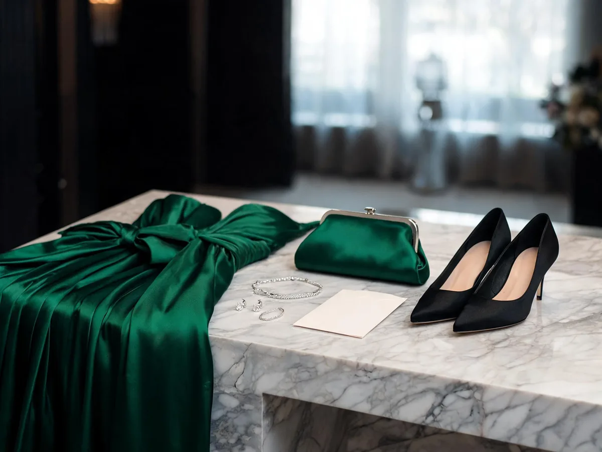 Alvin's Club — an emerald evening gown, satin clutch, pointed pumps, and restrained silver jewelry beside a ballroom invitation on a marble console