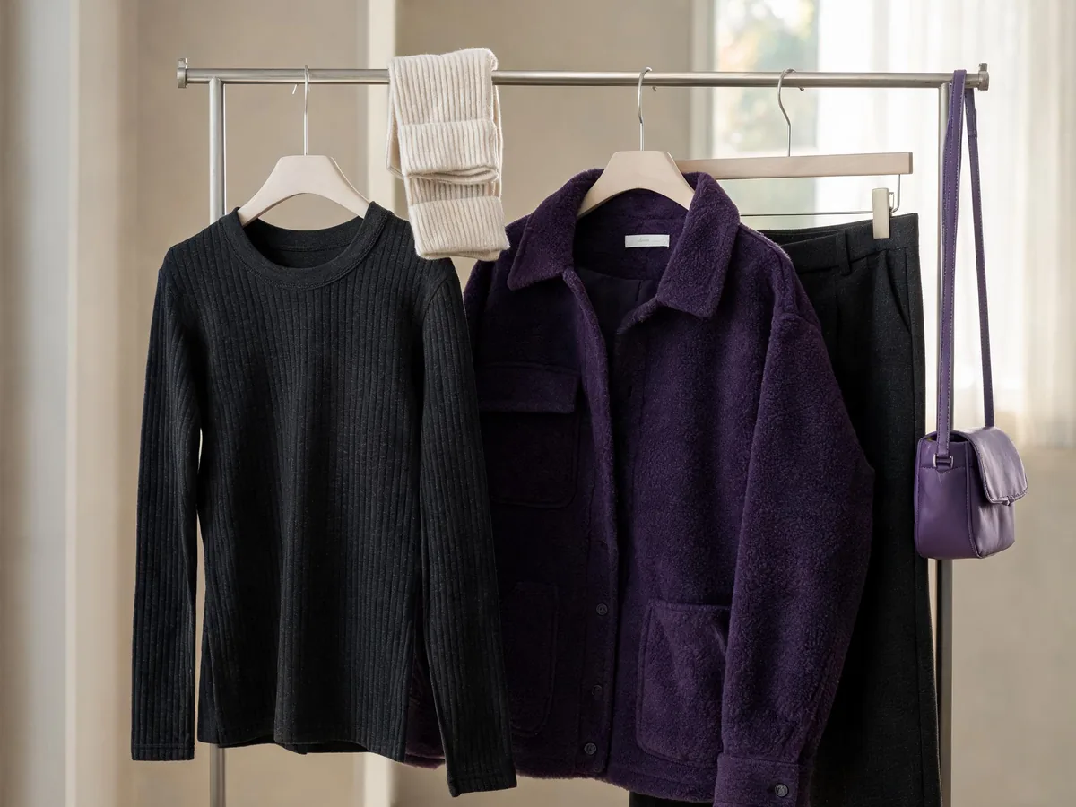 Alvin's Club — a layered winter outfit arranged on a garment rack with a thermal top, fleece overshirt, tailored trousers, wool socks, and compact crossbody bag in a venue entryway