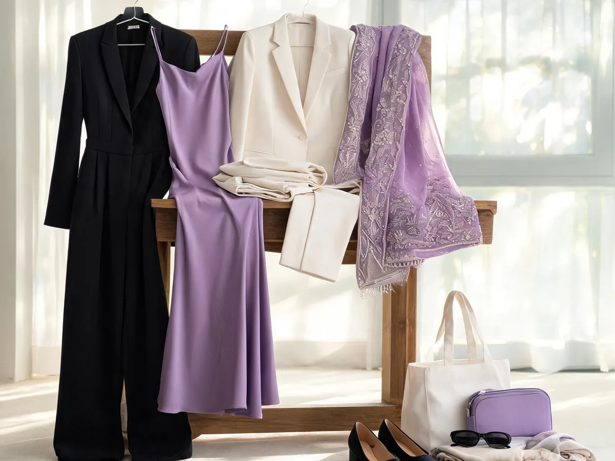 Alvin's Club — a varied wedding guest wardrobe of a tailored jumpsuit, midi dress, lightweight suit, cultural formal layer, and stable low-profile shoes beside travel accessories