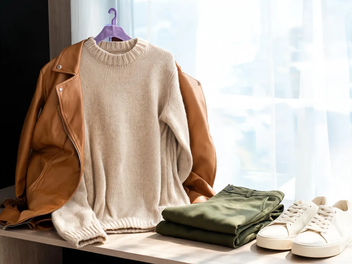 Alvin's Club — a tan leather jacket draped over an oatmeal knit sweater beside olive trousers and off-white sneakers in a bright wardrobe setting