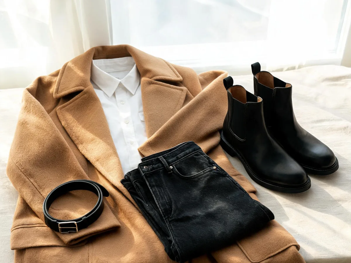 Alvin's Club — a tailored outfit arrangement of dark straight-leg jeans, black Chelsea boots, a white button-down, and a camel coat beside a leather belt