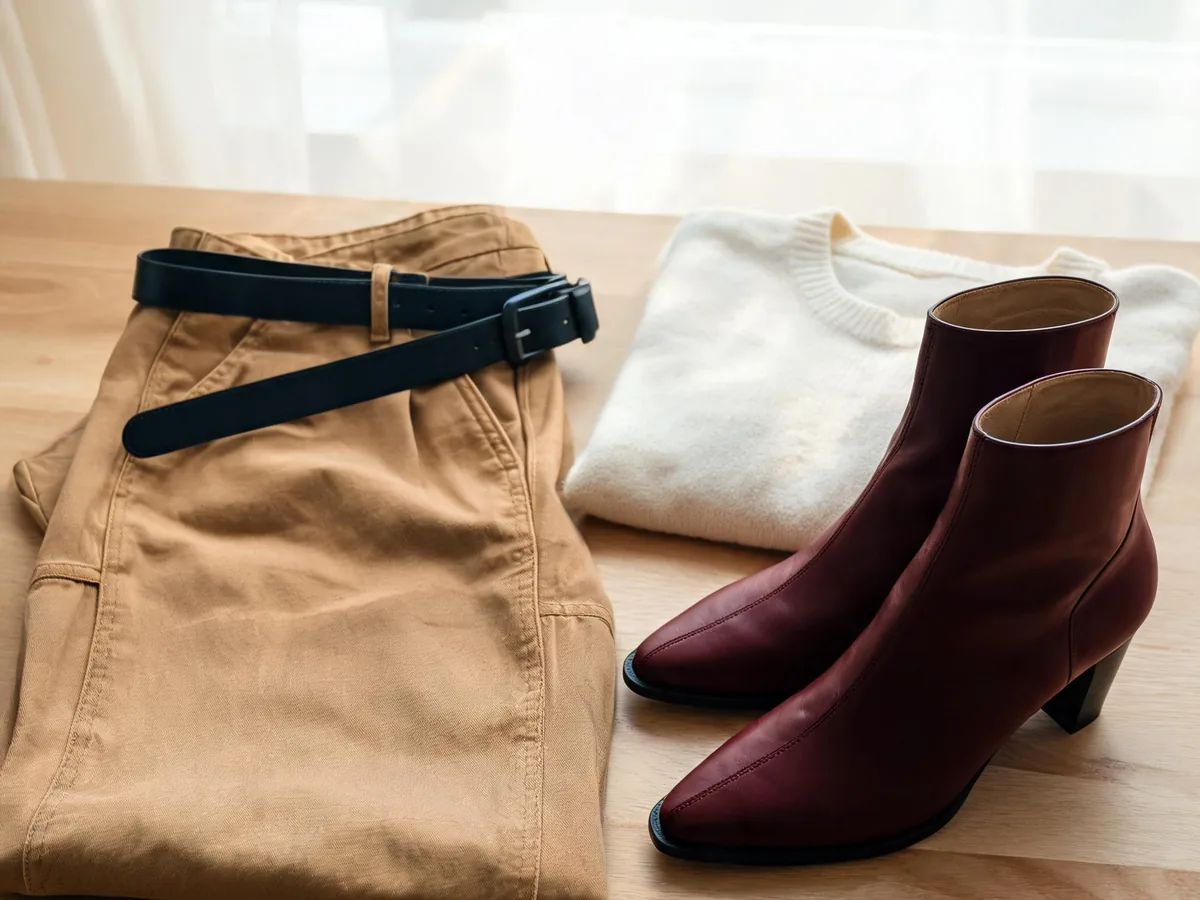 Alvin's Club — a flat lay of camel wide-leg work pants, burgundy pointed ankle boots, a fine-knit top, and a muted belt on a worktable