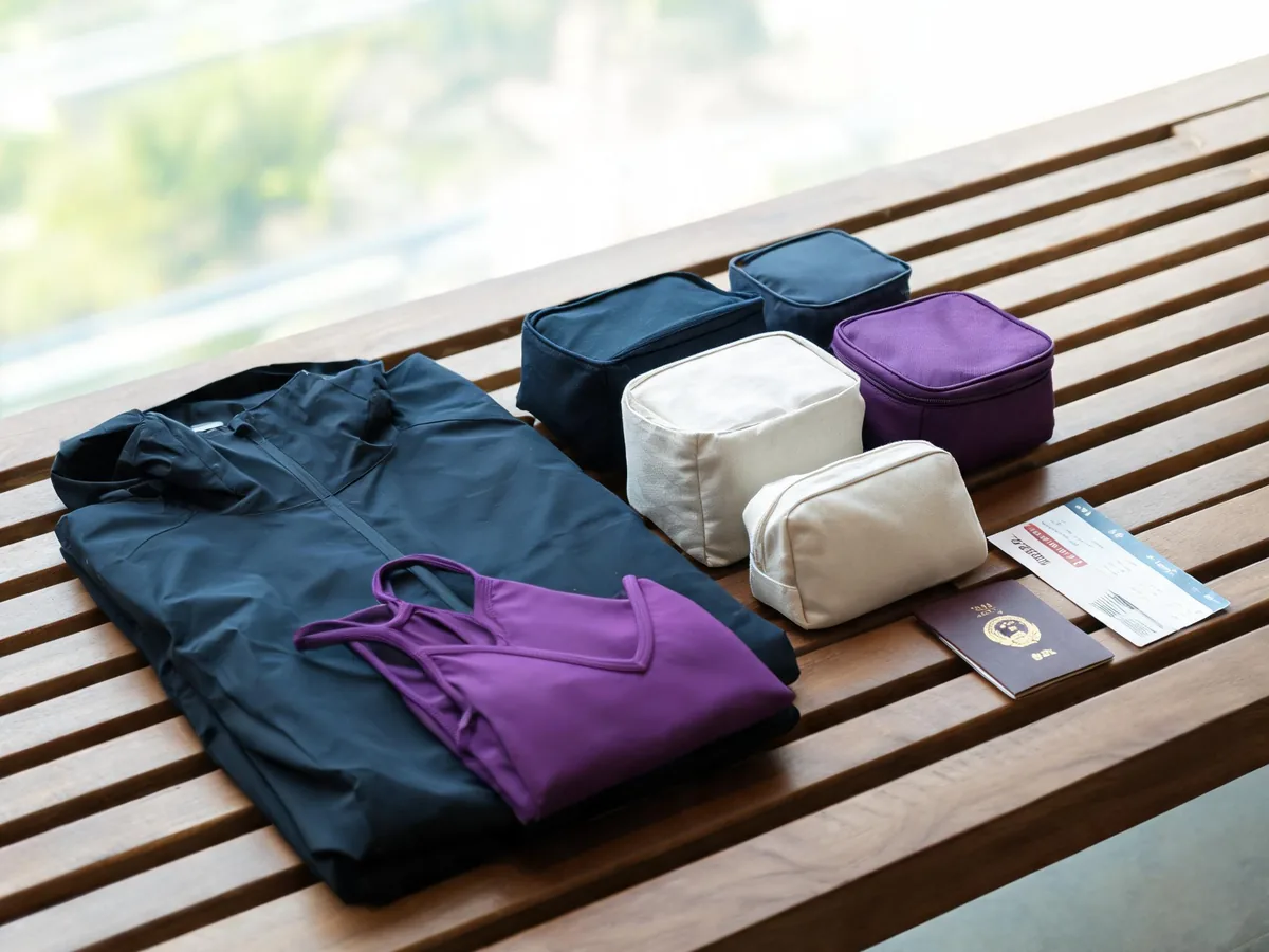 Alvin's Club — a compact travel wardrobe arranged beside a rain shell, swimwear, packing cubes, documents, and a small toiletry pouch on a wooden bench
