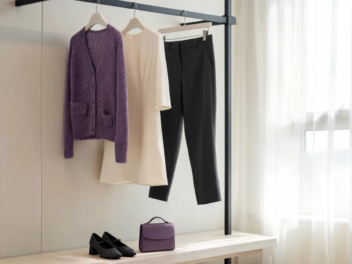 Alvin's Club — a quiet dressing-room rail with a cardigan, opaque knee-length dress, tailored trousers, low block shoes, and a compact leather bag