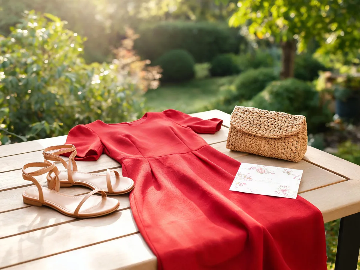 Alvin's Club — a cherry-red midi dress, tan sandals, woven clutch, and floral invitation on a sunlit garden table
