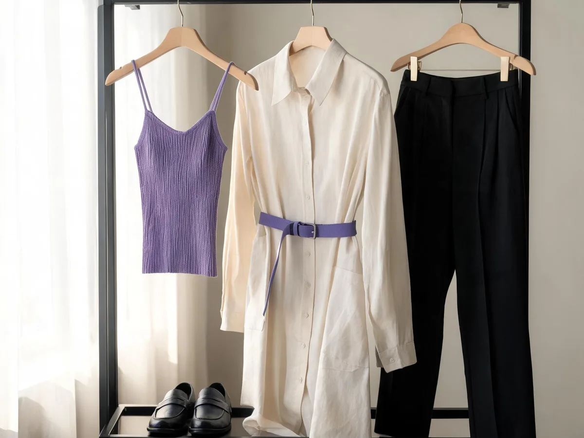 Alvin's Club — a tailored neutral outfit arrangement with a belted long shirt, pleated trousers, loafers, and a textured camisole on a clothing rack