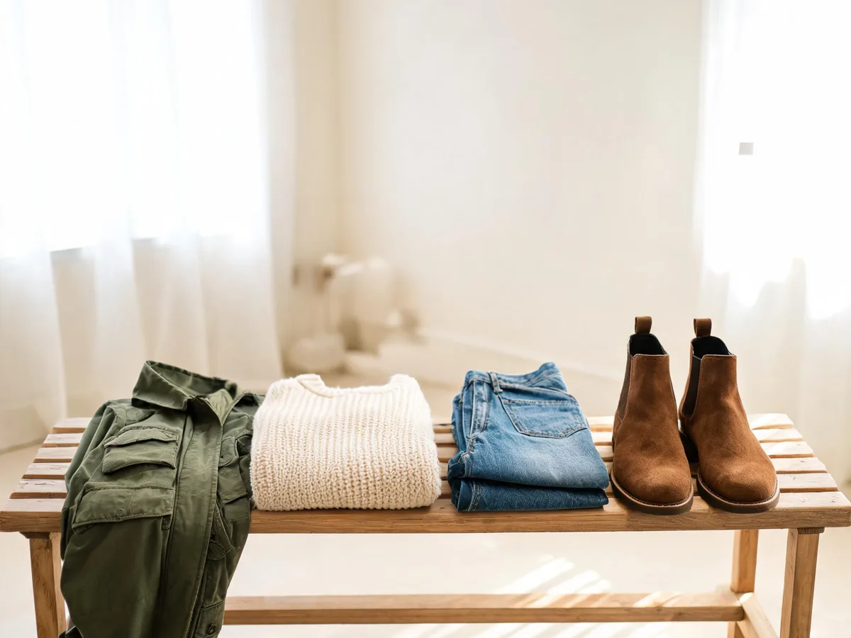 Alvin's Club — medium-wash denim with brown suede Chelsea boots, a cream knit sweater, and an olive utility jacket beside a wooden bench
